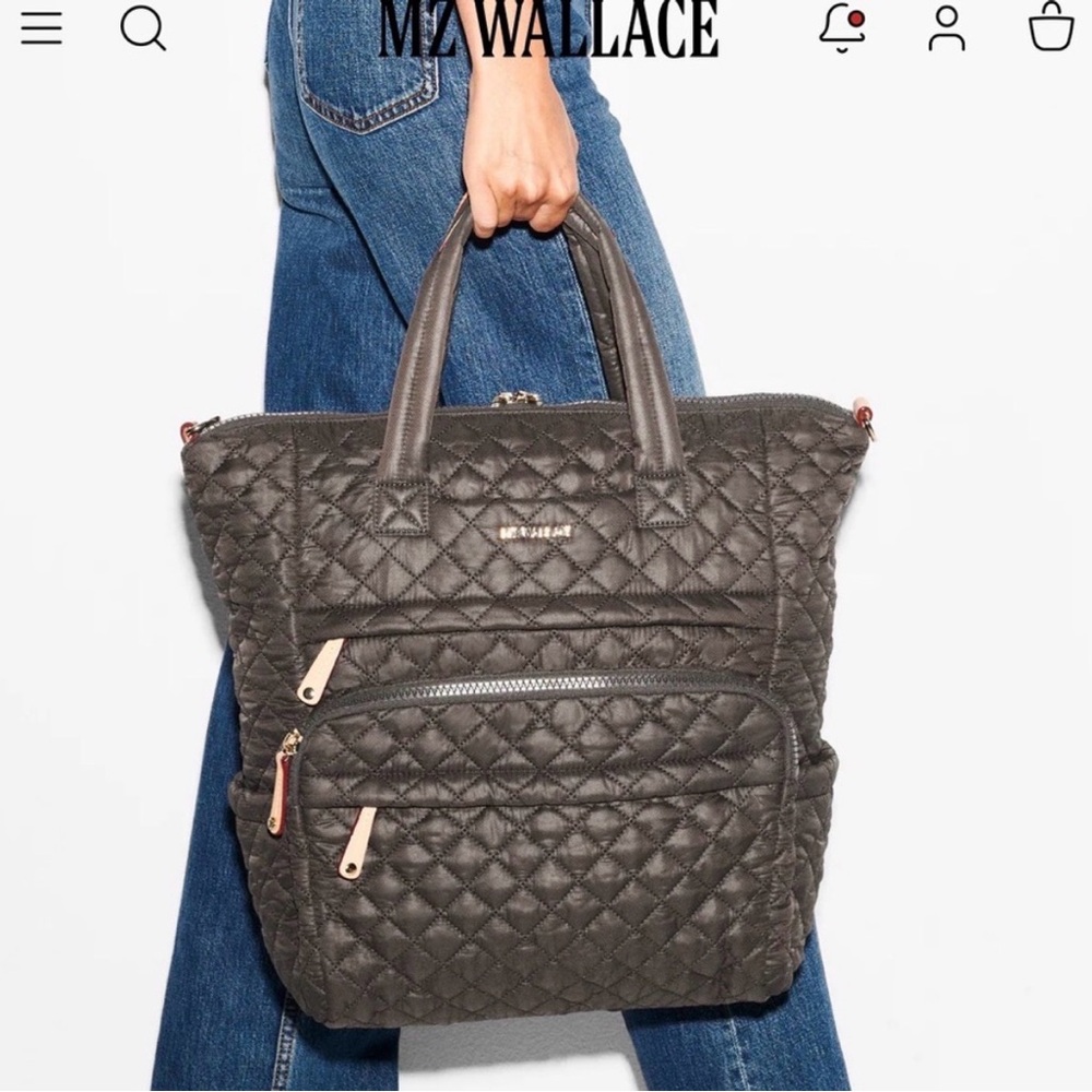 MZ Wallace Quilted Taupe Backpack with Brown Strap and Colorful Pouch - Picture 4 of 14